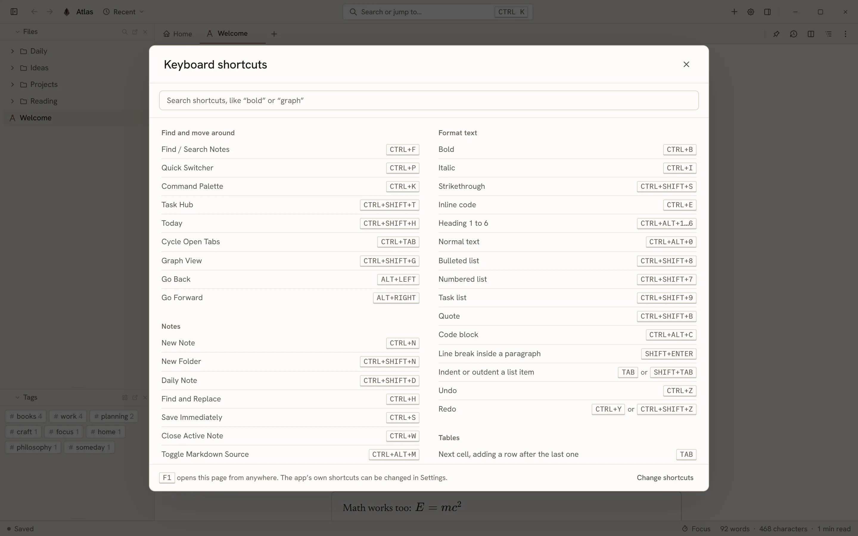 Keyboard shortcuts settings in Niobium
